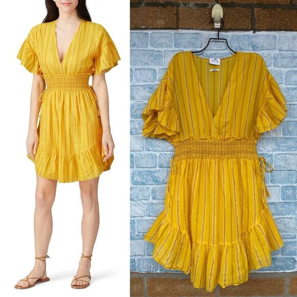 SAYLOR Adrianne Ruffled V-Neck Metallic Striped Gold Mini Dress medium - Picture 1 of 11